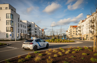 Voiture auto-école Peugeot 208 blanche circulant sur un rond-point récent dans le quartier des Murlins à Orléans, avec des immeubles modernes et câbles de tramway en arrière-plan.