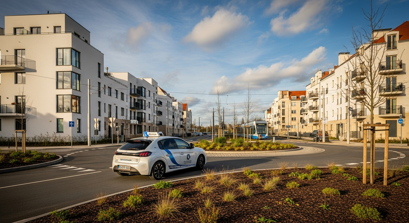Voiture auto-école Peugeot 208 blanche circulant sur un rond-point récent dans le quartier des Murlins à Orléans, avec des immeubles modernes et câbles de tramway en arrière-plan.