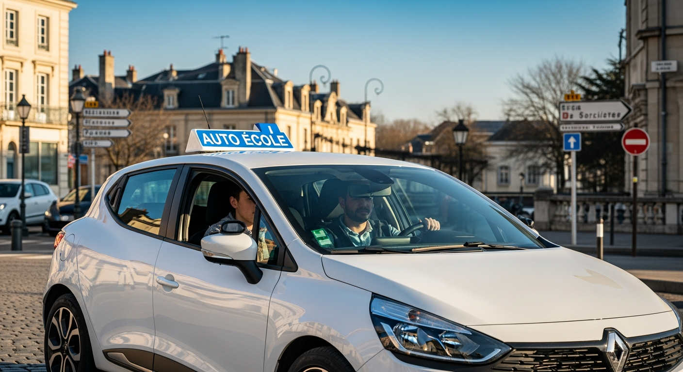 Voiture auto-école blanche compacte circulant dans le centre-ville pavé de Rambouillet avec un élève au volant et un moniteur, illustrant une leçon de conduite pratique.