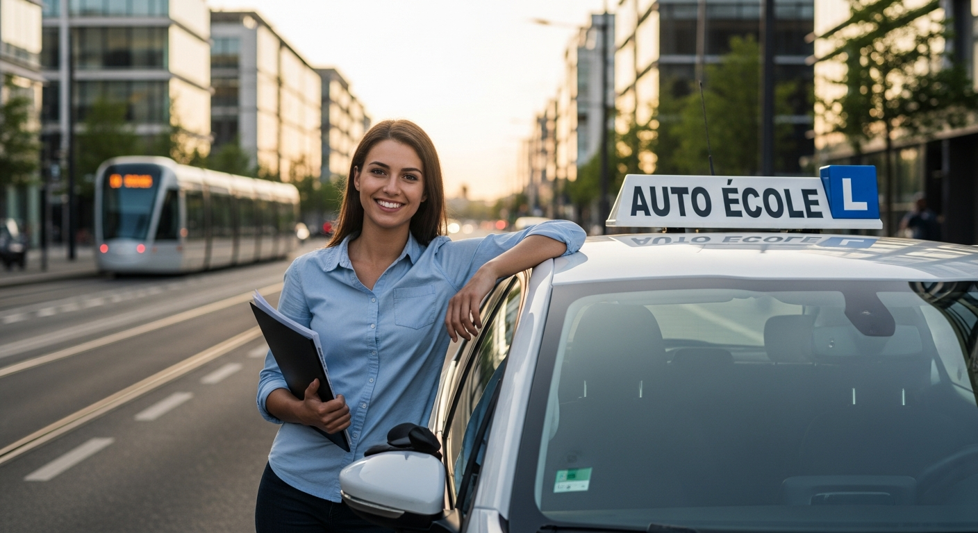 Jeune candidat au permis de conduire posant confiant devant une voiture auto-école au Blanc-Mesnil, avec le tramway en arrière-plan.