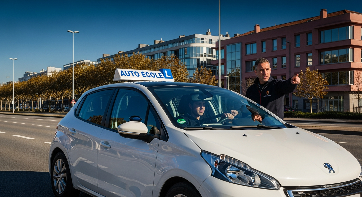 Peugeot 208 auto-école blanche circulant sur une large avenue de Colomiers bordée de bâtiments modernes en briques roses, avec un élève concentré au volant et un moniteur donnant des instructions.