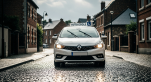 Voiture auto-école circulant sous la pluie à Bondues, apprenant à maîtriser la conduite en conditions difficiles