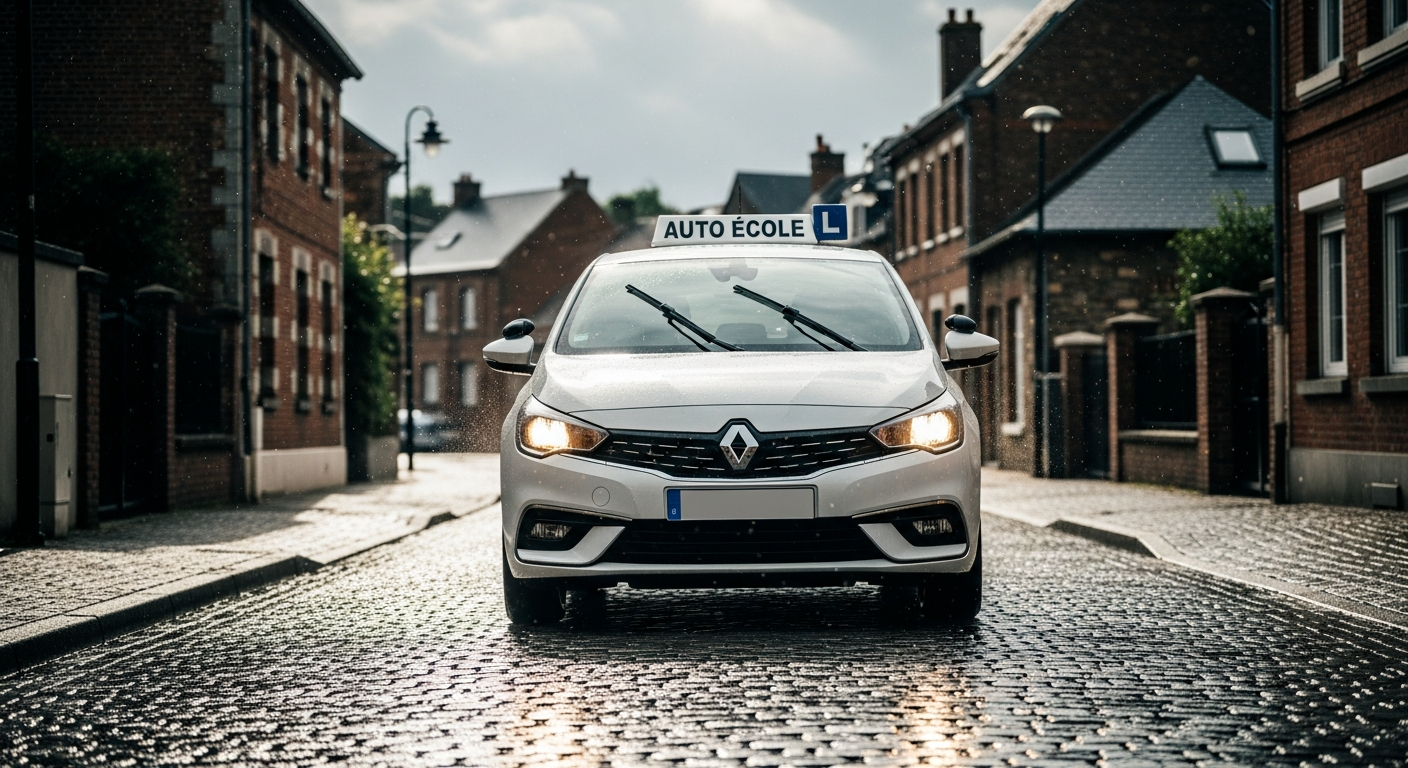 Voiture auto-école circulant sous la pluie à Bondues, apprenant à maîtriser la conduite en conditions difficiles