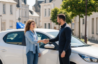Moniteur d'une auto-école à Antony félicitant une élève devant le véhicule après une leçon de conduite réussie dans les rues du 92.