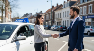 Élève souriante serrant la main de son examinateur ou moniteur devant une voiture d'auto-école après l'obtention de son permis de conduire à Béthune.