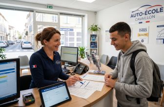 Accueil chaleureux à l'auto-école Cavaillon : une secrétaire explique l'inscription au permis à un jeune élève.