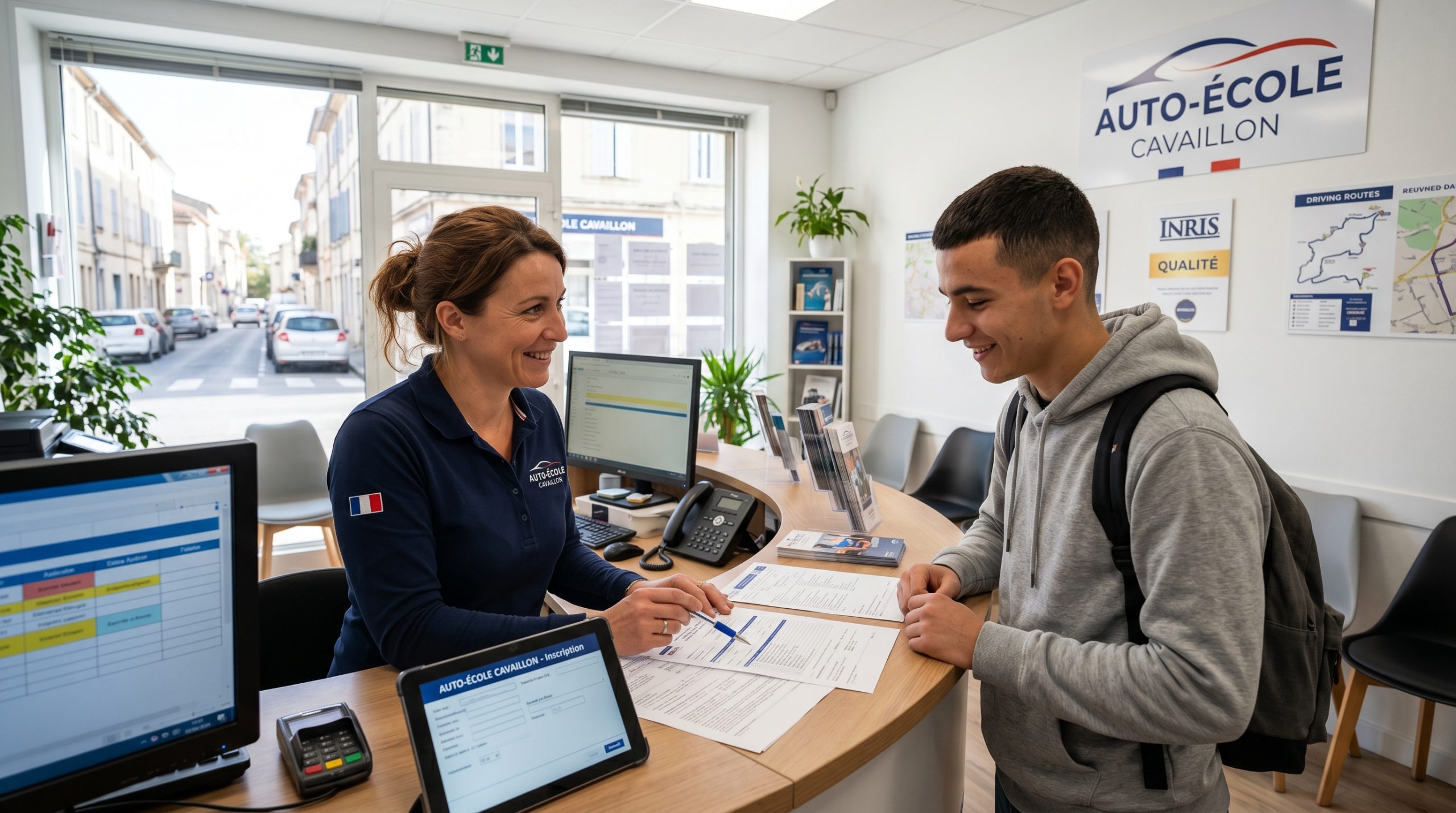 Accueil chaleureux à l'auto-école Cavaillon : une secrétaire explique l'inscription au permis à un jeune élève.