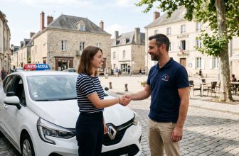 Moniteur auto-école serrant la main d'une élève en conduite accompagnée devant une voiture double commande