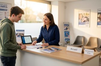 Réceptionniste d'auto-école expliquant les prix du permis de conduire 2026 et financements CPF à un jeune élève